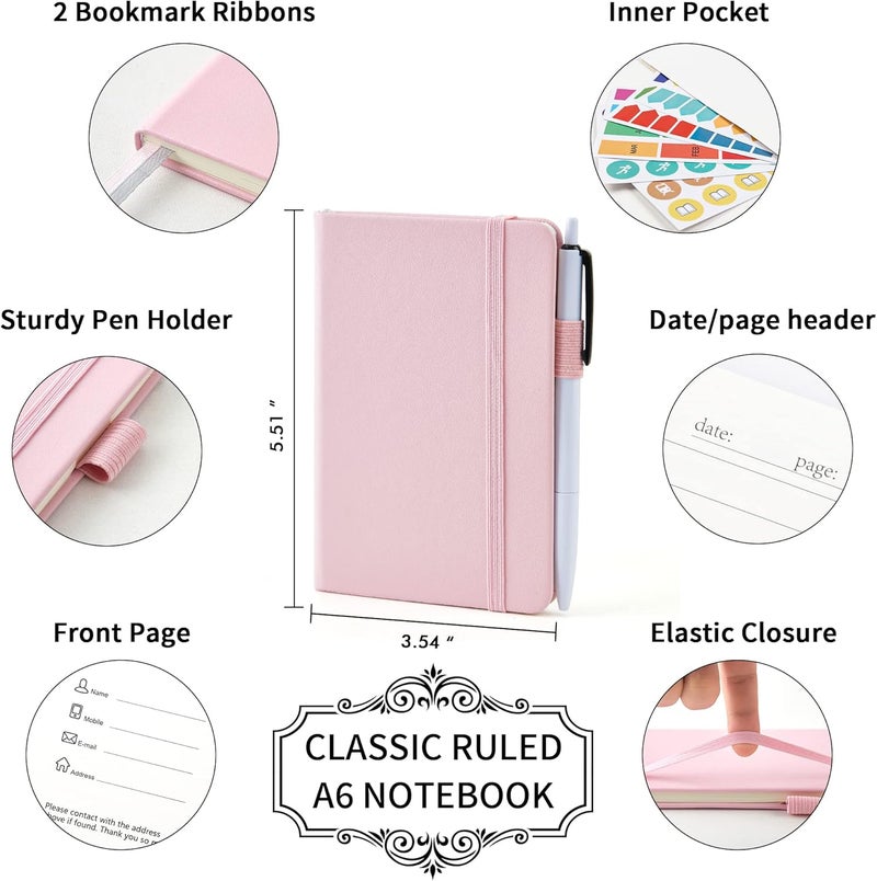 Feela 3 Pack Pocket Small Notebook Journals, Mini Cute Memo Notepad Hardcover College Ruled Lined Journals with Pen Holder for Women Girls Office School, with 3 Black Pens, 3.5”x 5.5”, A6, Rose Pink - Image 2